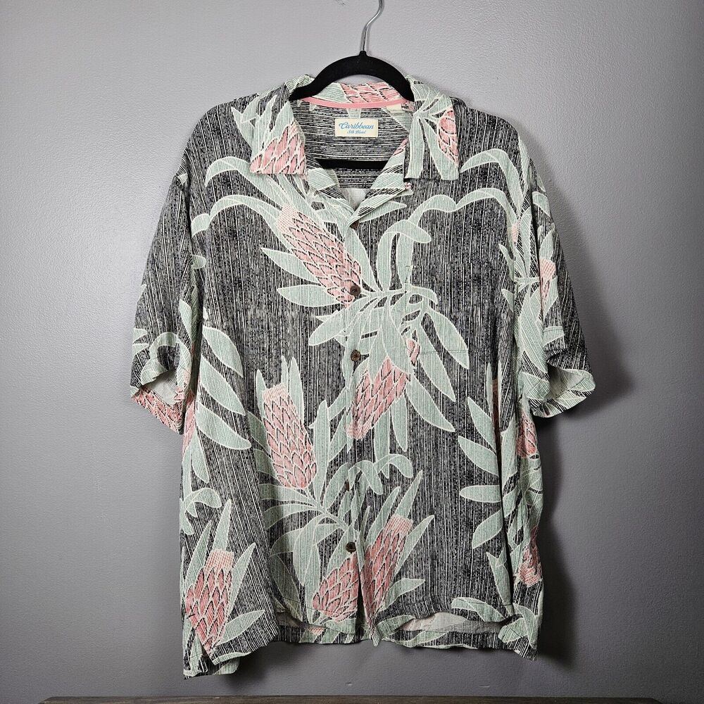 Roundtree & Yorke Caribbean Shirt Black Protea Short Sleeve Silk Blend Men's XL - Picture 1 of 6